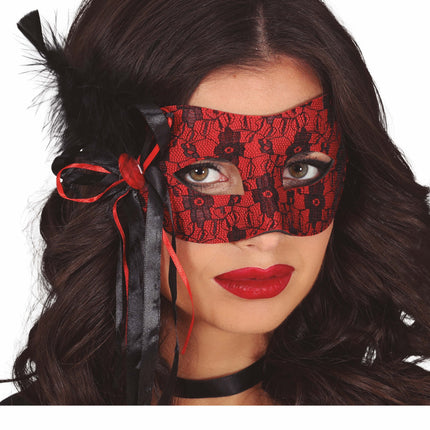 Maschera occhi nera rossa Piuma