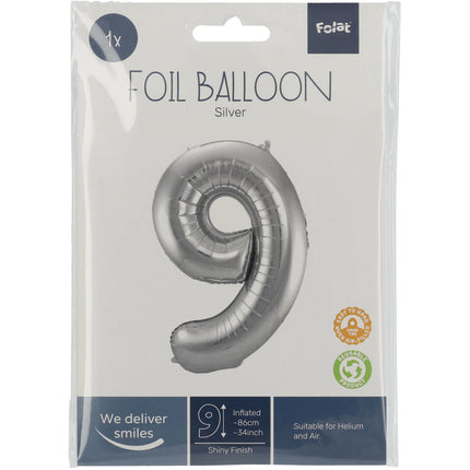 Palloncino Foil Figura 9 Argento Metallizzato XL 86cm vuoto