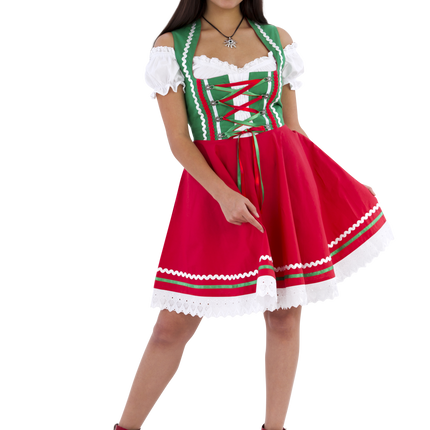 Abito Dirndl Oktoberfest Rosso Verde Donna 2 Pezzi
