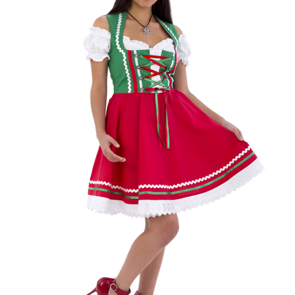 Abito Dirndl Oktoberfest Rosso Verde Donna 2 Pezzi