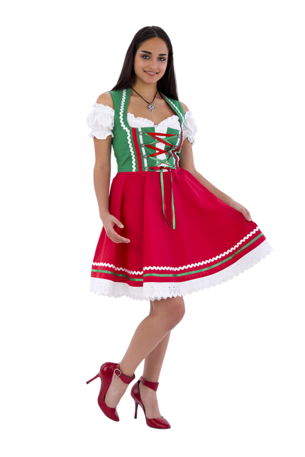Abito Dirndl Oktoberfest Rosso Verde Donna 2 Pezzi
