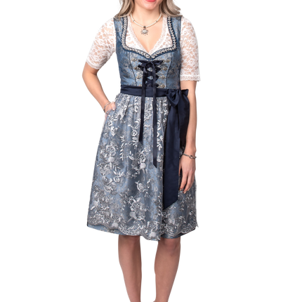 Abito Dirndl Blu Argento Oktoberfest Donna 2 Pezzi