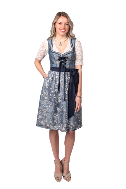 Abito Dirndl Blu Argento Oktoberfest Donna 2 Pezzi