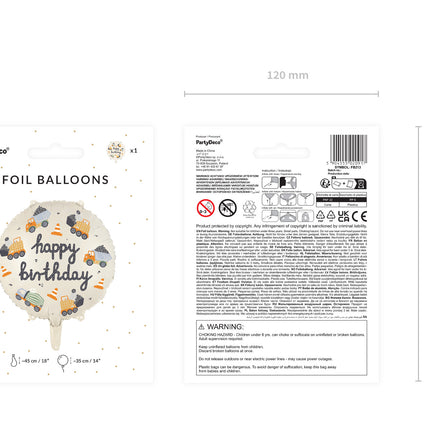 Palloncino ad elio Happy Birthday Veicoli da Costruzione Vuoto 45cm
