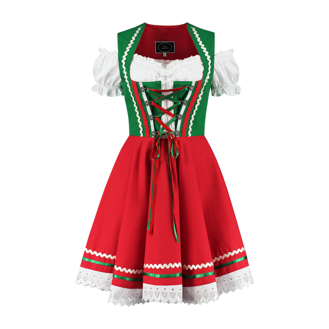 Abito Dirndl Oktoberfest Rosso Verde Donna 2 Pezzi