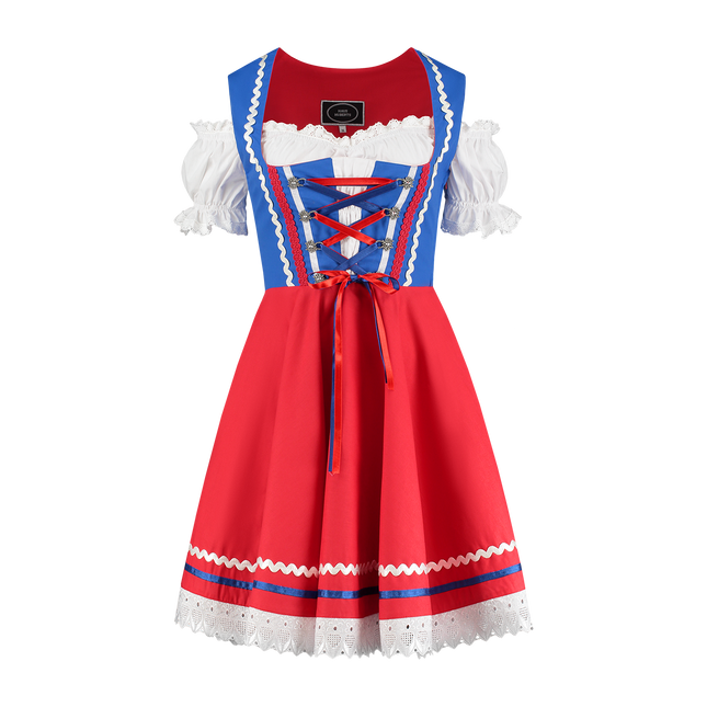 Abito Dirndl Oktoberfest Rosso Blu Donna 2 Pezzi