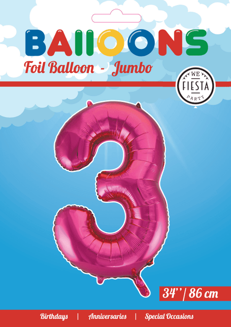 Folie Ballon Cijfer 3 Fuchsia XL 86cm leeg van WeFiesta koop je bij Partywinkel