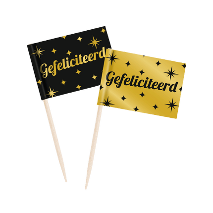 Gefeliciteerd Cocktailprikkers Zwart Goud 6,5cm 50st van Paper Dreams koop je bij Partywinkel