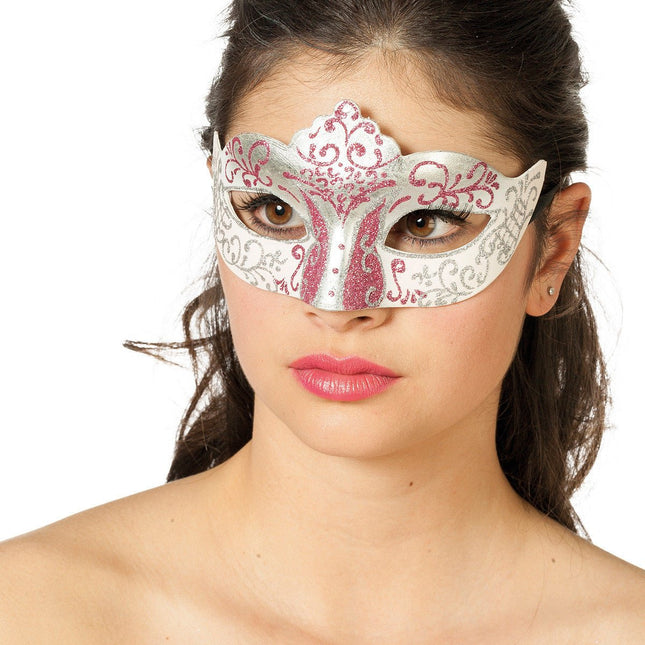 Venetiaans Oogmasker Roze Zilver Glitter van Wilbers & Wilbers koop je bij Partywinkel