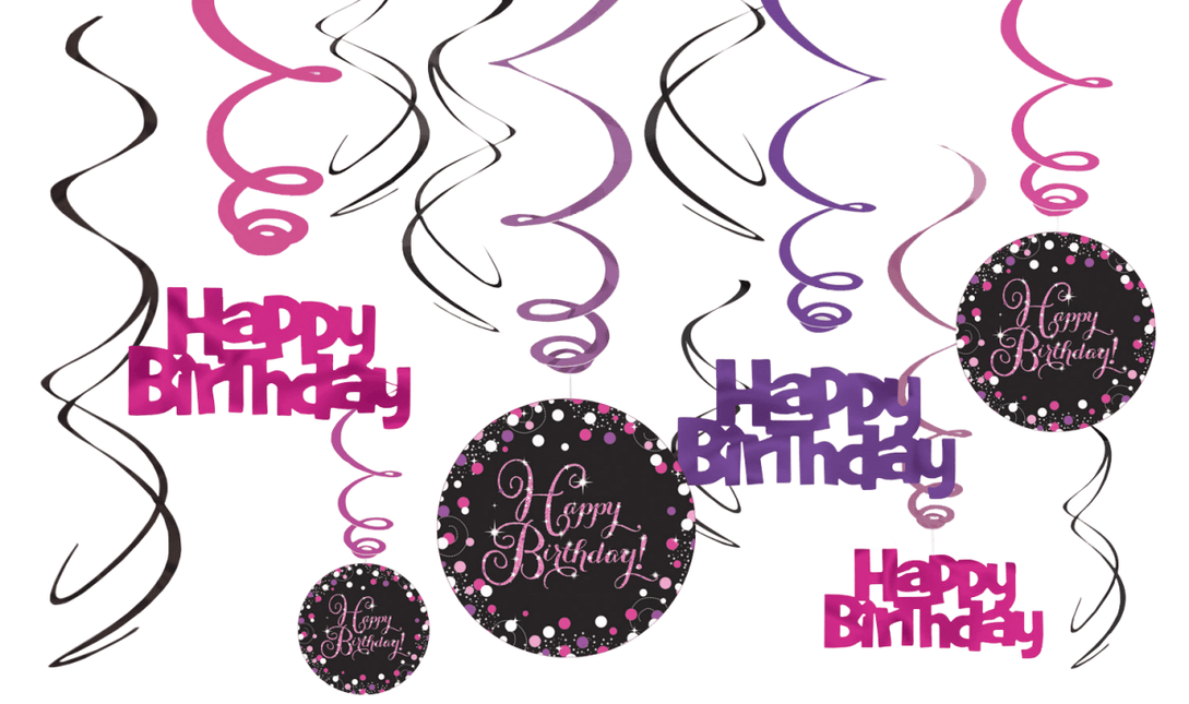 Verjaardag Hangdecoratie Happy Birthday Roze 61cm 12st van Riethmueller koop je bij Partywinkel