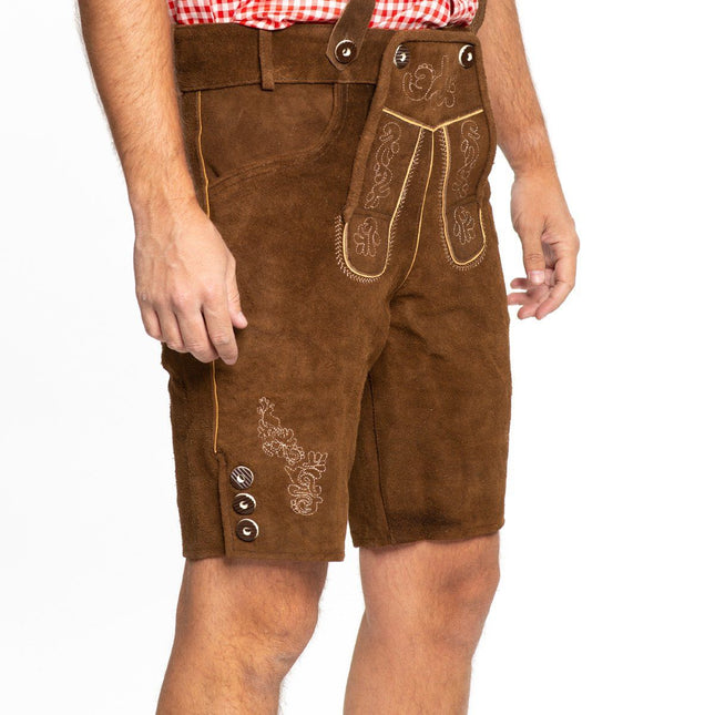 Lederhose corti in pelle marrone scuro e bretelle