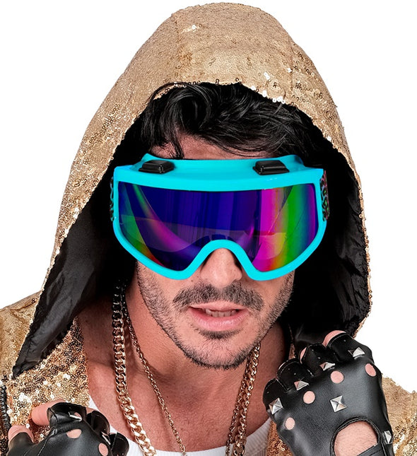 Occhiali da sci anni '80 blu arcobaleno con stampa leopardata