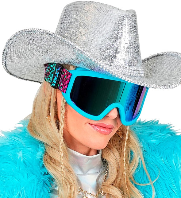 Occhiali da sci anni '80 blu arcobaleno con stampa leopardata