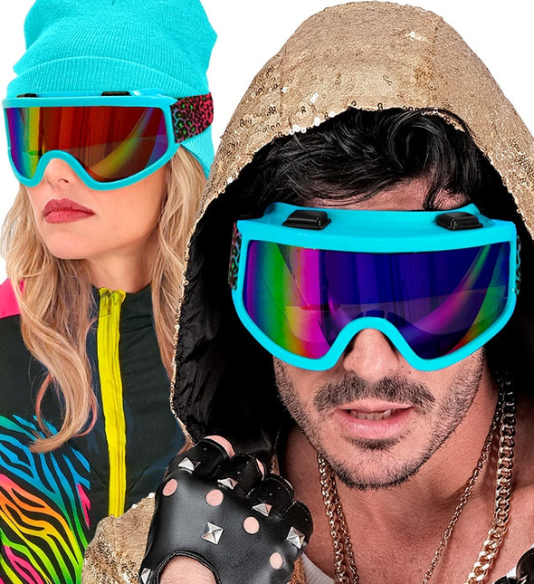 Occhiali da sci anni '80 blu arcobaleno con stampa leopardata