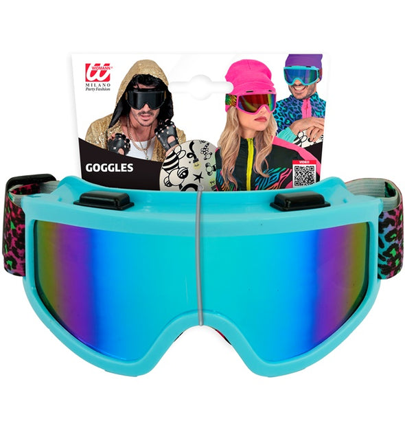 Occhiali da sci anni '80 blu arcobaleno con stampa leopardata