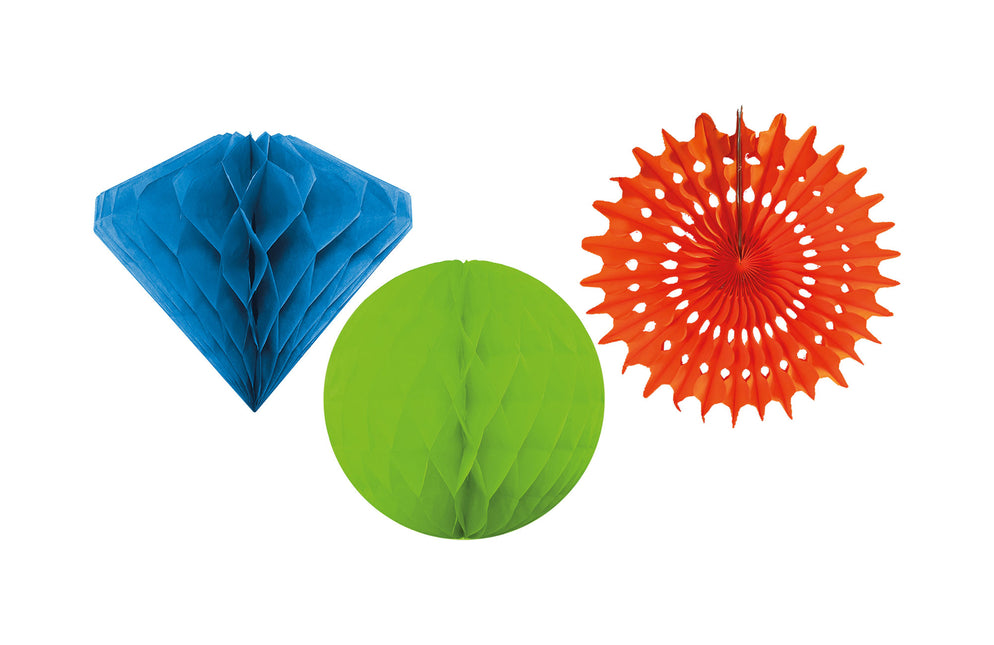 Party Essentials Kit di decorazioni a nido d'ape 3 misti, Palla 15 cm verde chiaro, Diamante 20 cm azzurro, Ventaglio arancione 3St