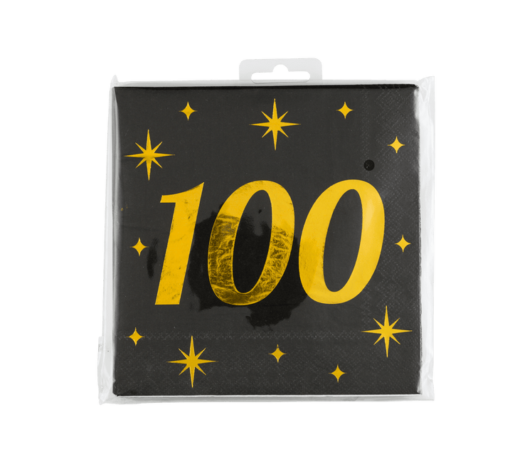 100 Jaar Servetten Zwart Goud 19cm 16st - Partywinkel - 8716764238413