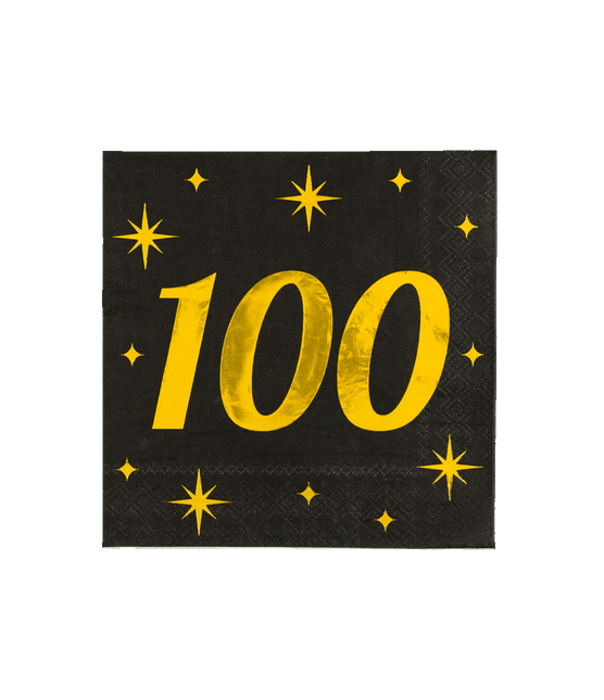 100 Jaar Servetten Zwart Goud 19cm 16st - Partywinkel - 8716764238413