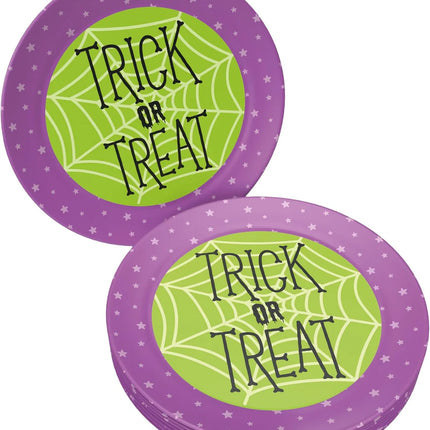 Piattini di Halloween viola e verdi “Trick or Treat” 23 cm, 8 pezzi