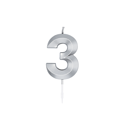 Candela "3 anni" argento metallizzato, 6 cm