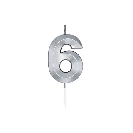 Candela “6 anni” argento metallizzato, 6 cm
