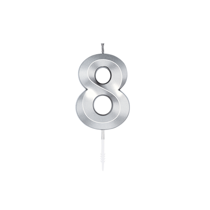 Candela “8 anni” argento metallizzato, 6 cm