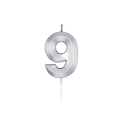 Candela “9 anni” argento metallizzato, 6 cm