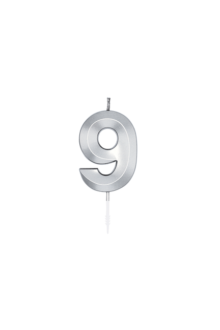 Candela “9 anni” argento metallizzato, 6 cm
