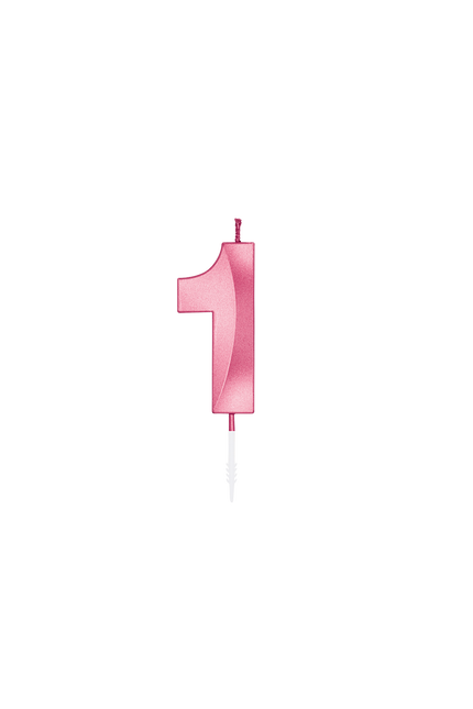 Candela "1 anno" rosa metallizzato, 6 cm