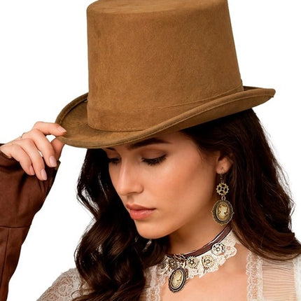 CAPPELLO ALTO VINTAGE IN PELLE SCAMOSCIATA MARRONE 15 CM