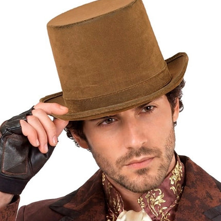 CAPPELLO ALTO VINTAGE IN PELLE SCAMOSCIATA MARRONE 15 CM