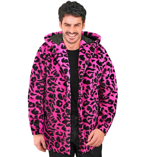 Cappotto di pelliccia con cappello in peluche leopardato rosa neon