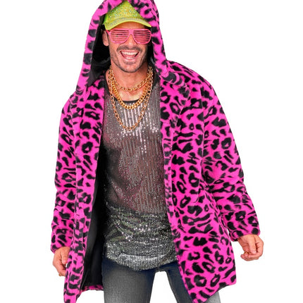 Cappotto di pelliccia con cappello in peluche leopardato rosa neon