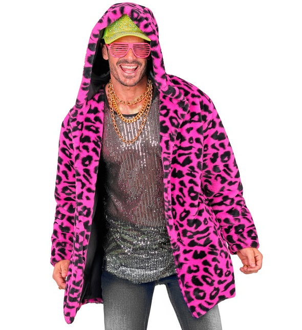 Cappotto di pelliccia con cappello in peluche leopardato rosa neon