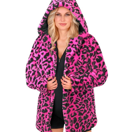 Cappotto di pelliccia con cappello in peluche leopardato rosa neon