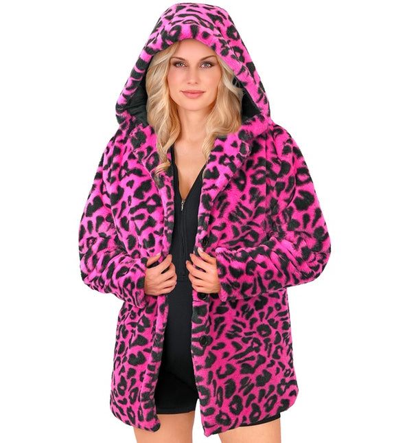 Cappotto di pelliccia con cappello in peluche leopardato rosa neon