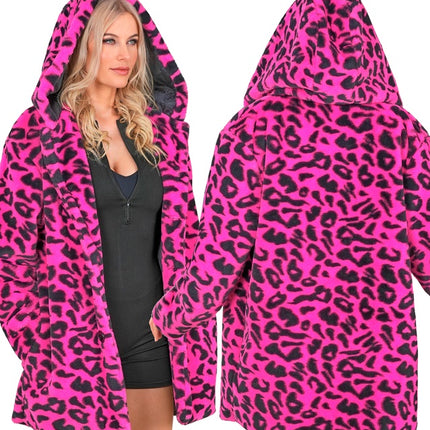 Cappotto di pelliccia con cappello in peluche leopardato rosa neon