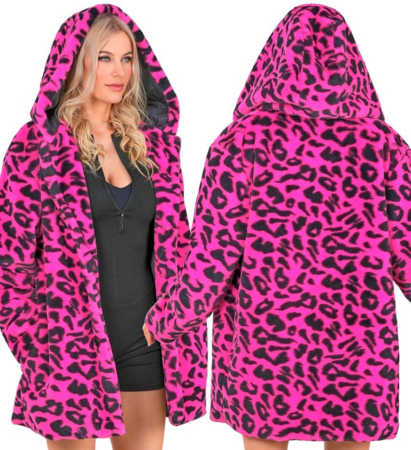 Cappotto di pelliccia con cappello in peluche leopardato rosa neon