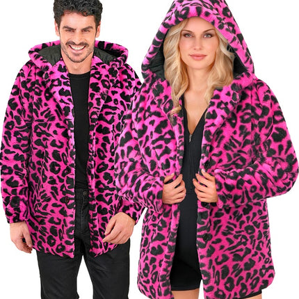 Cappotto di pelliccia con cappello in peluche leopardato rosa neon