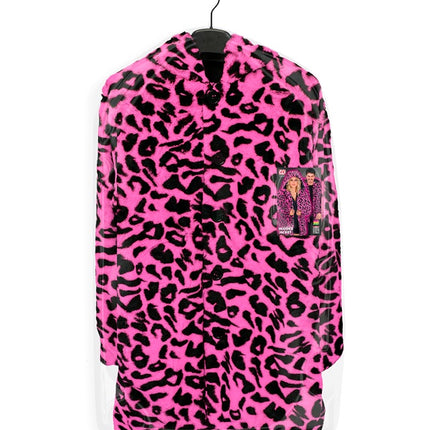 Cappotto di pelliccia con cappello in peluche leopardato rosa neon