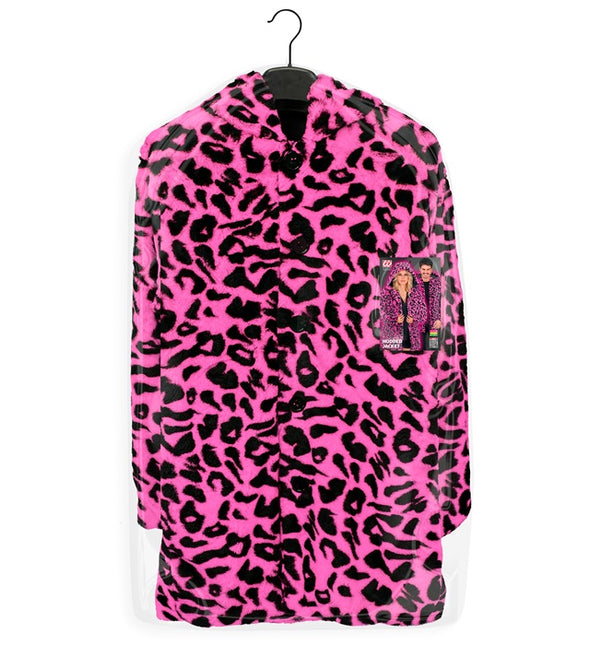 Cappotto di pelliccia con cappello in peluche leopardato rosa neon