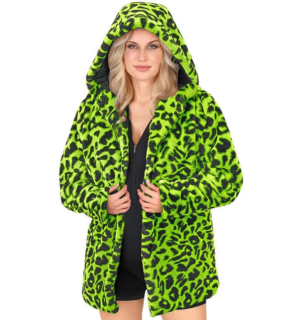 Cappotto di pelliccia con cappello in peluche Leopard Neon