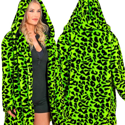 Cappotto di pelliccia con cappello in peluche Leopard Neon