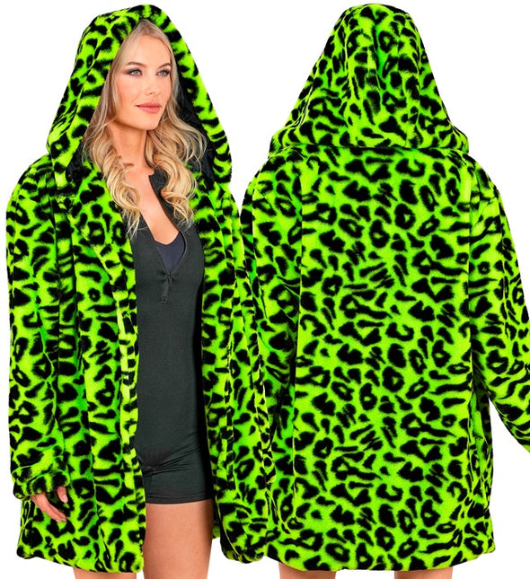Cappotto di pelliccia con cappello in peluche Leopard Neon