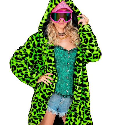 Cappotto di pelliccia con cappello in peluche Leopard Neon