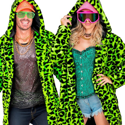 Cappotto di pelliccia con cappello in peluche Leopard Neon