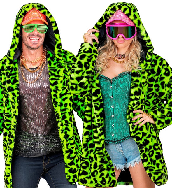 Cappotto di pelliccia con cappello in peluche Leopard Neon