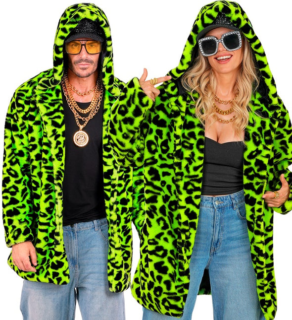 Cappotto di pelliccia con cappello in peluche Leopard Neon