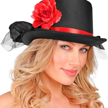 CAPPELLO A CILINDRO NERO CON TULLE E ROSA ROSSA