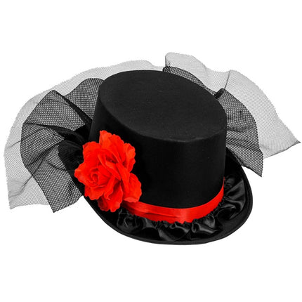 CAPPELLO A CILINDRO NERO CON TULLE E ROSA ROSSA